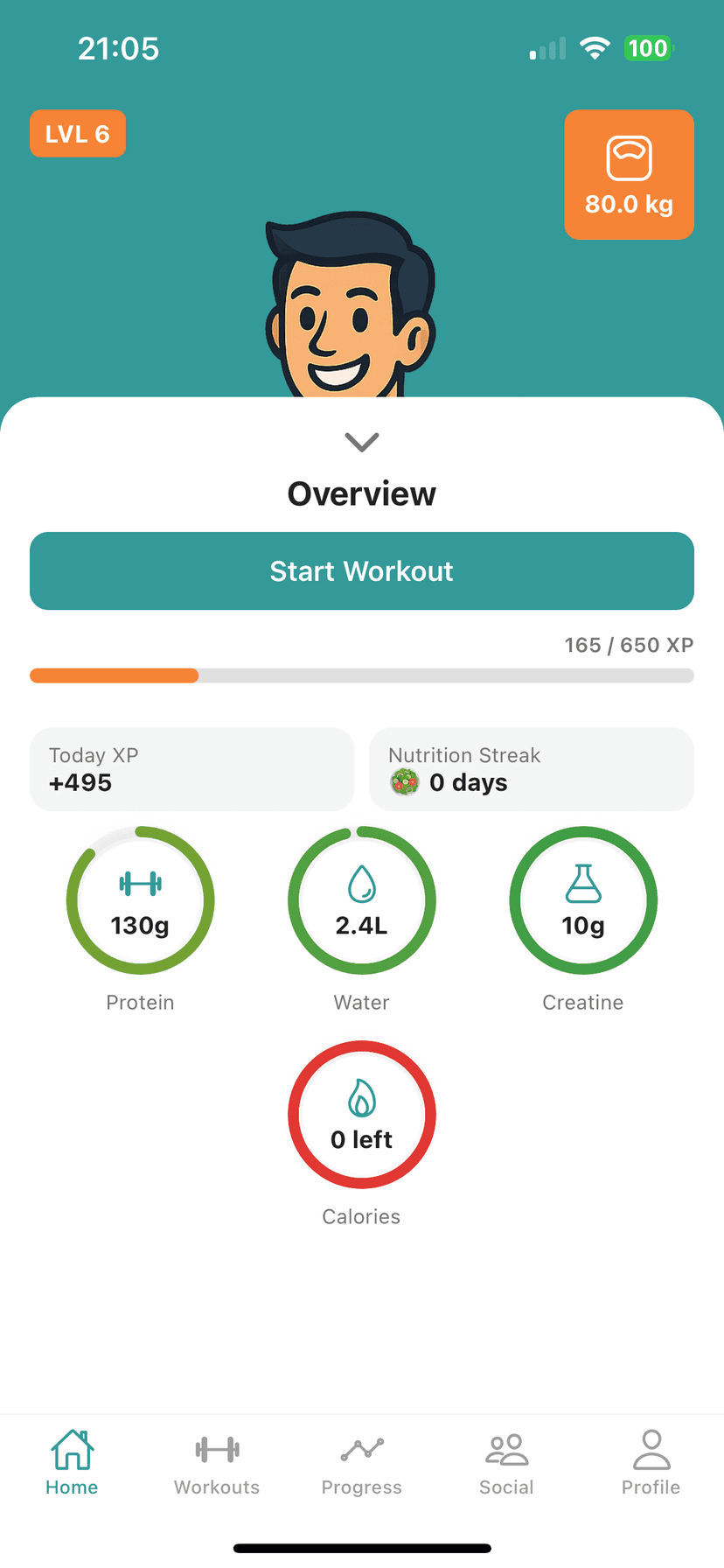 IronQuest — homescreen overview with nutrition tracking